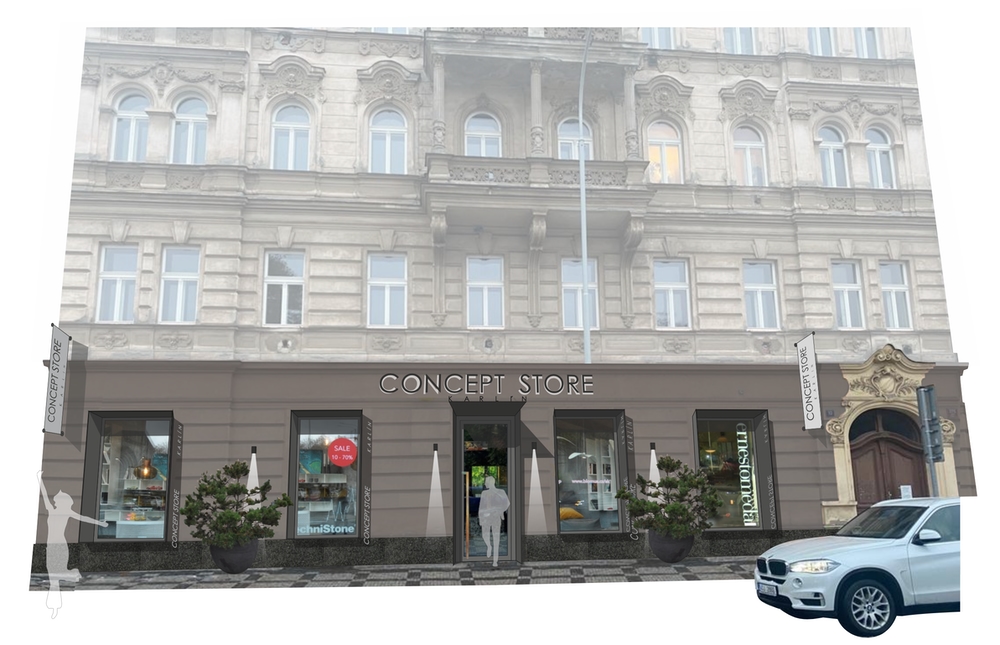Fotografie prodejny s prosklenými výlohami Concept Store Karlín na Karlínském náměstí