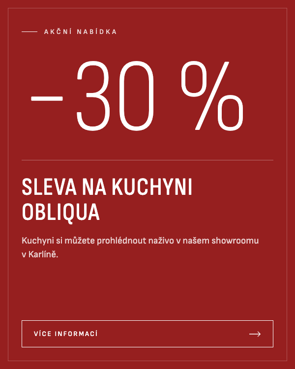 Vystavenou kuchyni Ernestomeda Obliqua nyní nabízíme se slevou 30 %. Prohlédněte si ji naživo v našem showroomu v Karlíně.